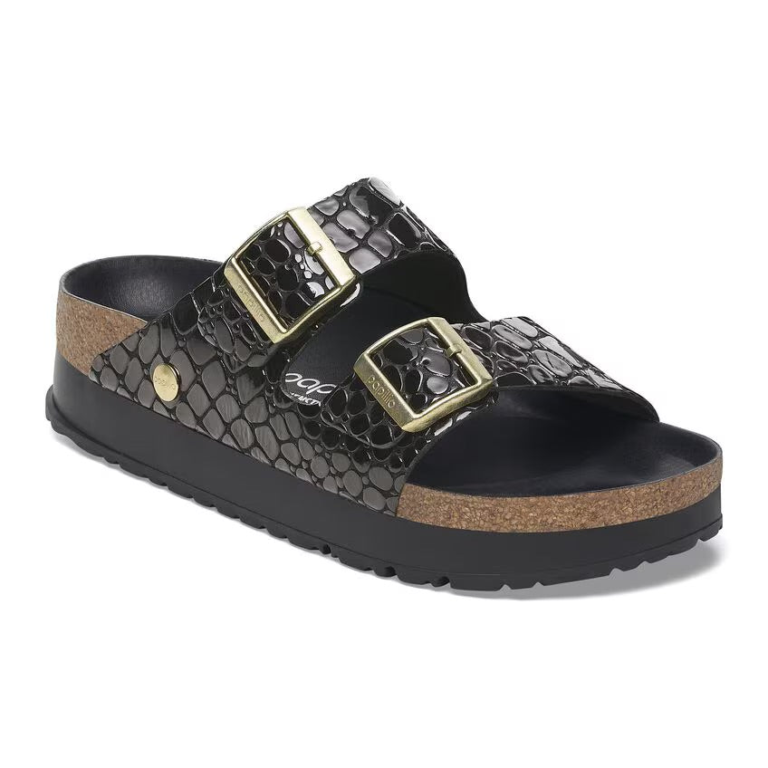 Birkenstock Papillio ARIZONA FLEX PLATFORM 1029045 Noir | Croc Embossed Cuir Vernis Largeur Étroite - Dealorys