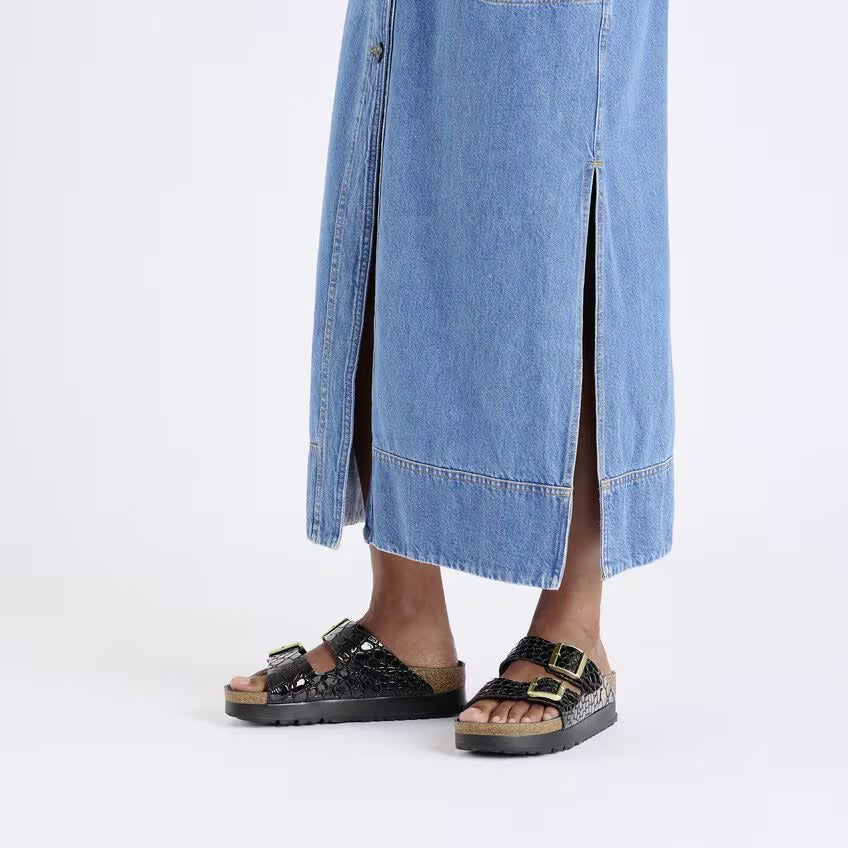 Birkenstock Papillio ARIZONA FLEX PLATFORM 1029045 Noir | Croc Embossed Cuir Vernis Largeur Étroite - Dealorys