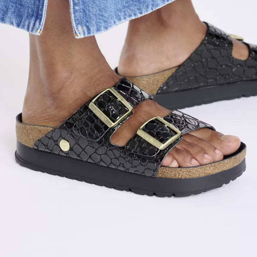 Birkenstock Papillio ARIZONA FLEX PLATFORM 1029045 Noir | Croc Embossed Cuir Vernis Largeur Étroite - Dealorys