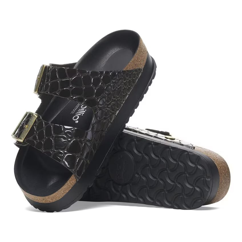 Birkenstock Papillio ARIZONA FLEX PLATFORM 1029045 Noir | Croc Embossed Cuir Vernis Largeur Étroite - Dealorys