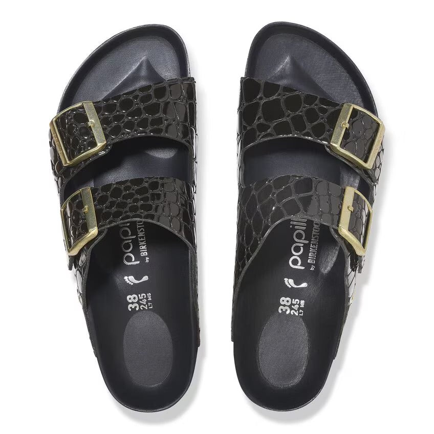 Birkenstock Papillio ARIZONA FLEX PLATFORM 1029045 Noir | Croc Embossed Cuir Vernis Largeur Étroite - Dealorys