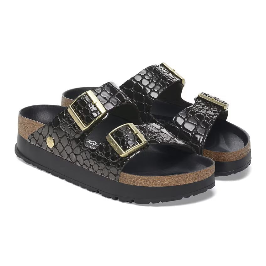 Birkenstock Papillio ARIZONA FLEX PLATFORM 1029045 Noir | Croc Embossed Cuir Vernis Largeur Étroite - Dealorys
