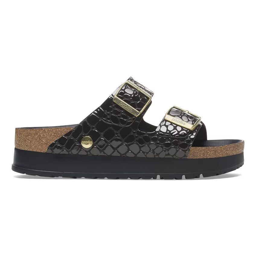 Birkenstock Papillio ARIZONA FLEX PLATFORM 1029045 Noir | Croc Embossed Cuir Vernis Largeur Étroite - Dealorys