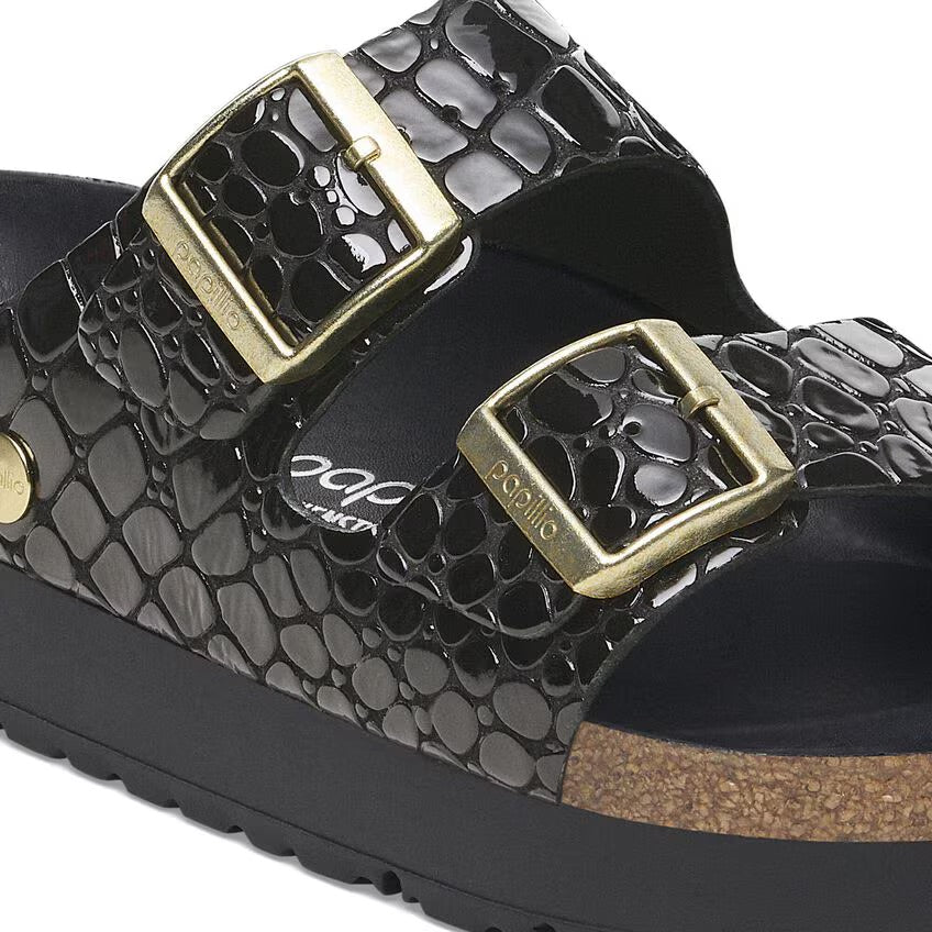 Birkenstock Papillio ARIZONA FLEX PLATFORM 1029045 Noir | Croc Embossed Cuir Vernis Largeur Étroite - Dealorys
