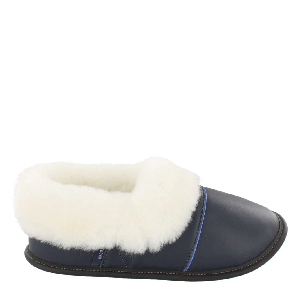 Pantoufles Garneau PARESSEUSE EN CUIR Marine Shearling Blanc pour Femmes - Dealorys