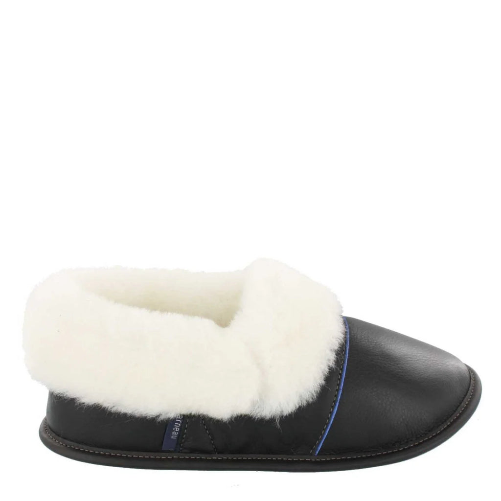 Pantoufles Garneau PARESSEUSE EN CUIR Noir Shearling Blanc pour Femmes - Dealorys