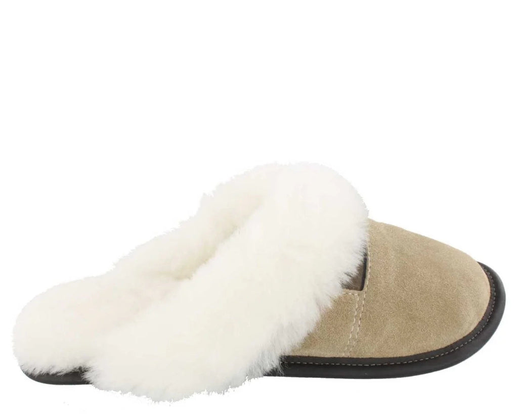Pantoufles Garneau TÊTE DE MULE EN SUEDE Beige Shearling Blanc pour Femmes - Dealorys