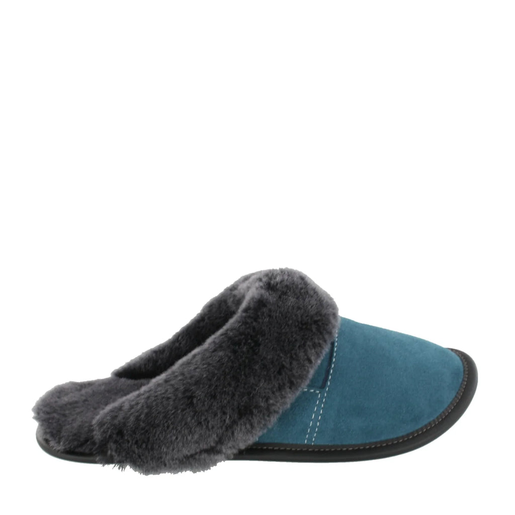 Pantoufles Garneau MULE AVEC COLLET en Suède Aqua Shearling Silverfox - Dealorys