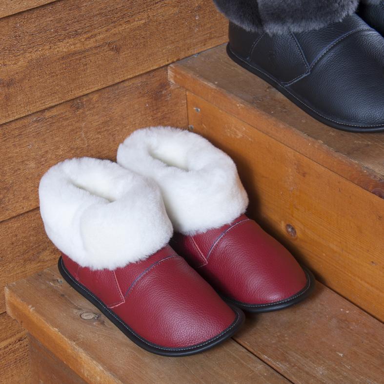 Pantoufles Garneau Bottine Souriante pour Femmes en Mouton en Cuir 2 tons Rouge - Dealorys