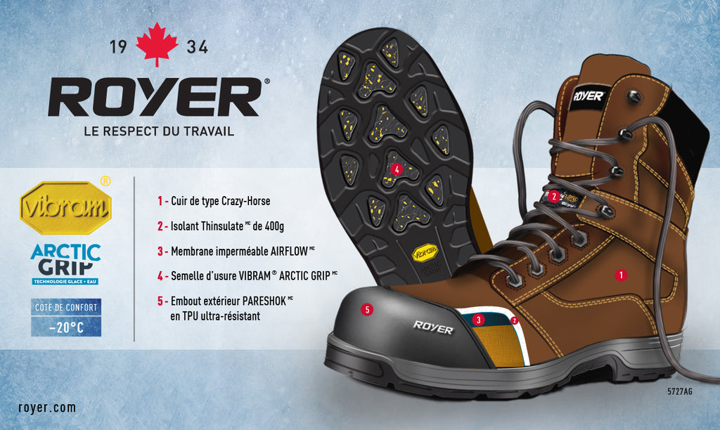 Royer 5727AG AGILITY ARTIC GRIP Brun Botte de travail SANS MÉTAL Isolé -20C Metal Free Safety Boots Assemblé au Canada - Dealorys