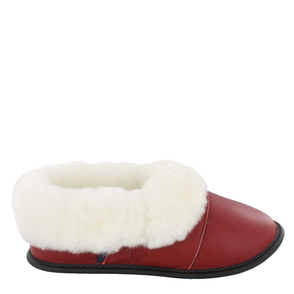 Pantoufles Garneau PARESSEUSE EN CUIR Rouge Mouton Blanc pour Femmes - Dealorys